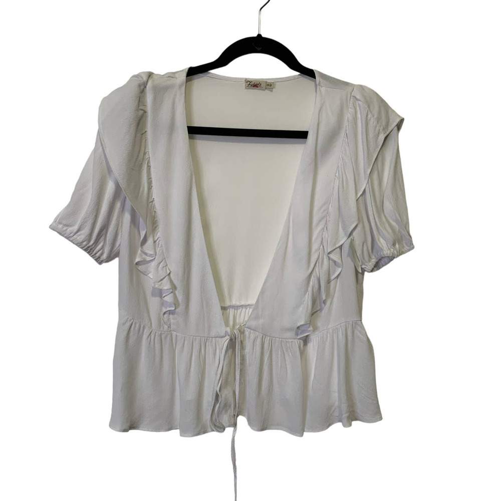 Faherty Ruffle Hem Peplum Crop Tops Puff Short Sleeves Tie Deep White X-Small